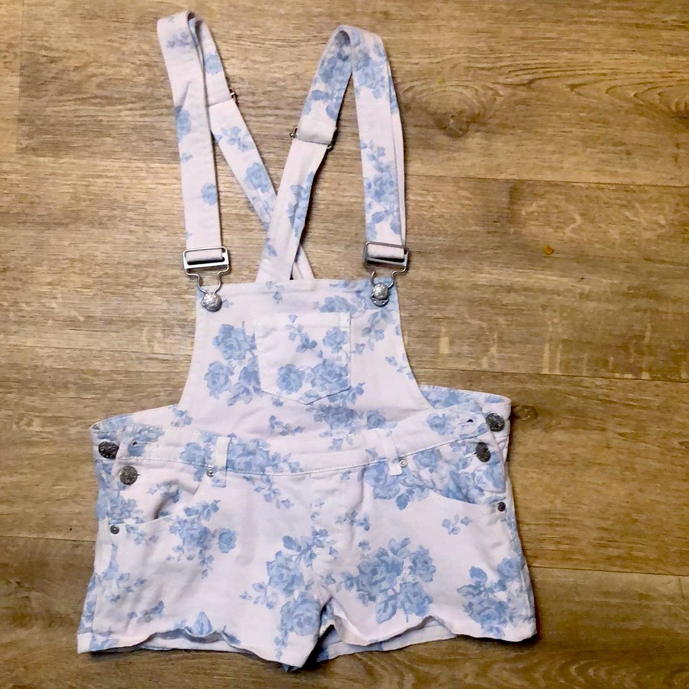 Women’s White and light blue floral overalls